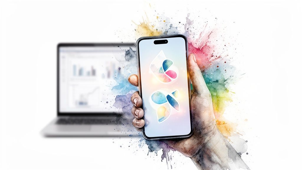 Main tenant un smartphone avec des applications colorées, fond flou d'ordinateur portable avec graphiques, style aquarelle.