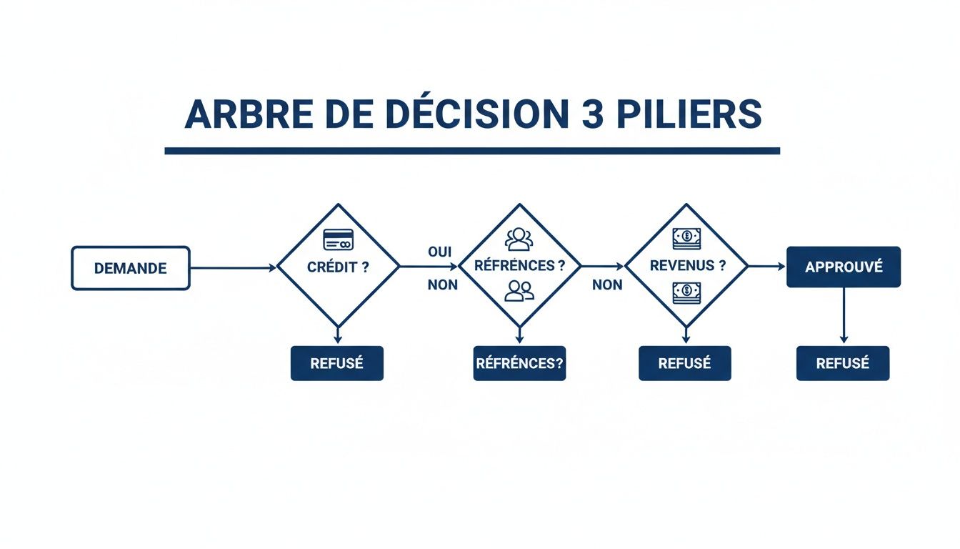 Un arbre de décision en 3 piliers détaillant le processus d'approbation ou de refus de crédit pour un locataire.