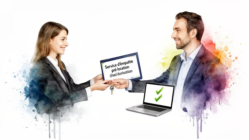 Deux personnes échangent des clés et un dossier de service d'enquête pré-location devant un ordinateur portable, symbolisant un accord de location.