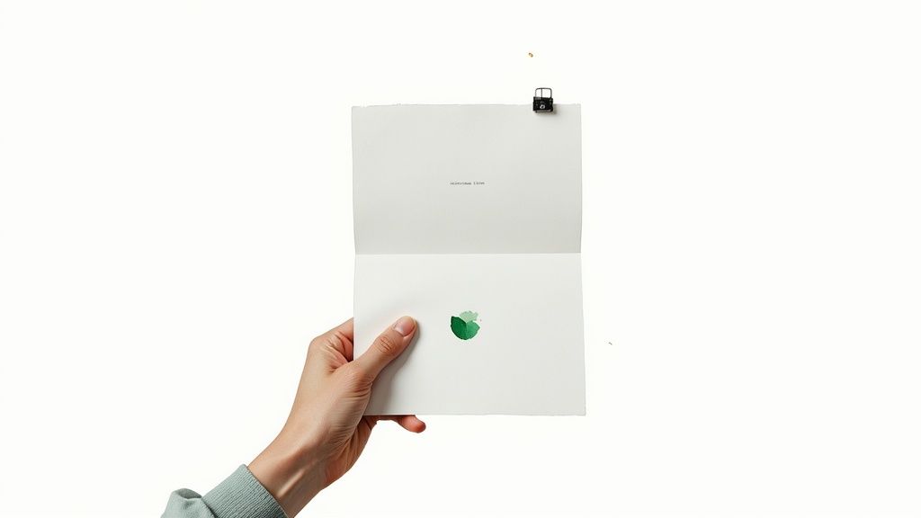 Main tenant une feuille de papier blanc avec illustration minimaliste verte attachée par pince