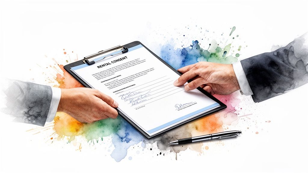 Deux mains signent un document de consentement de location sur un presse-papiers, avec un stylo et des éclaboussures d'aquarelle colorées.