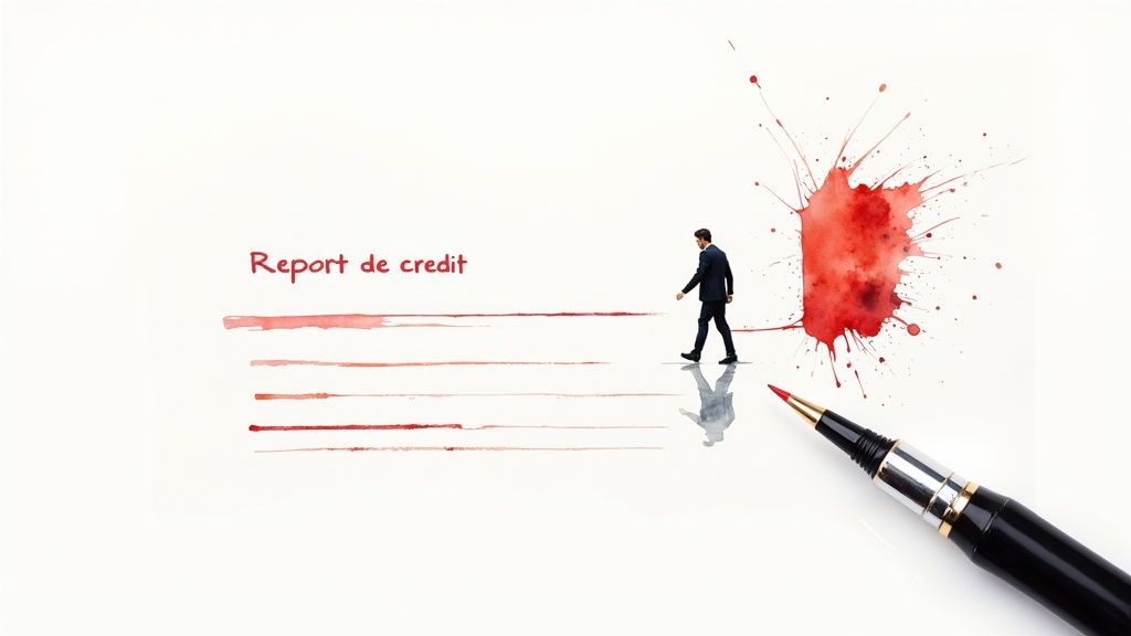 Homme en costume marchant sur des lignes rouges près du texte « Report de crédit », avec une tache d'encre et un stylo.