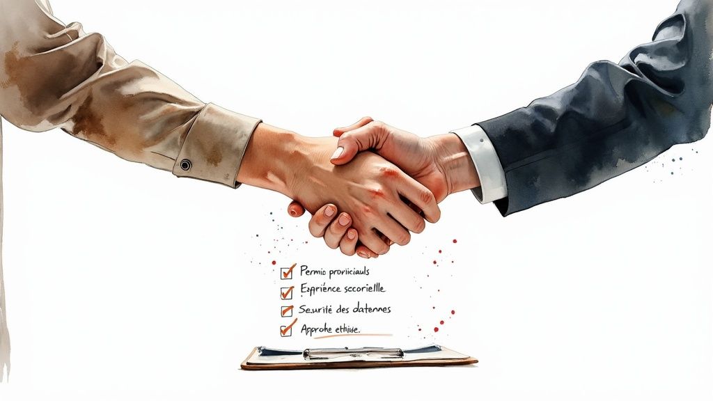 Deux mains se serrant fermement pour un accord commercial, avec une liste de vérification de conformité.