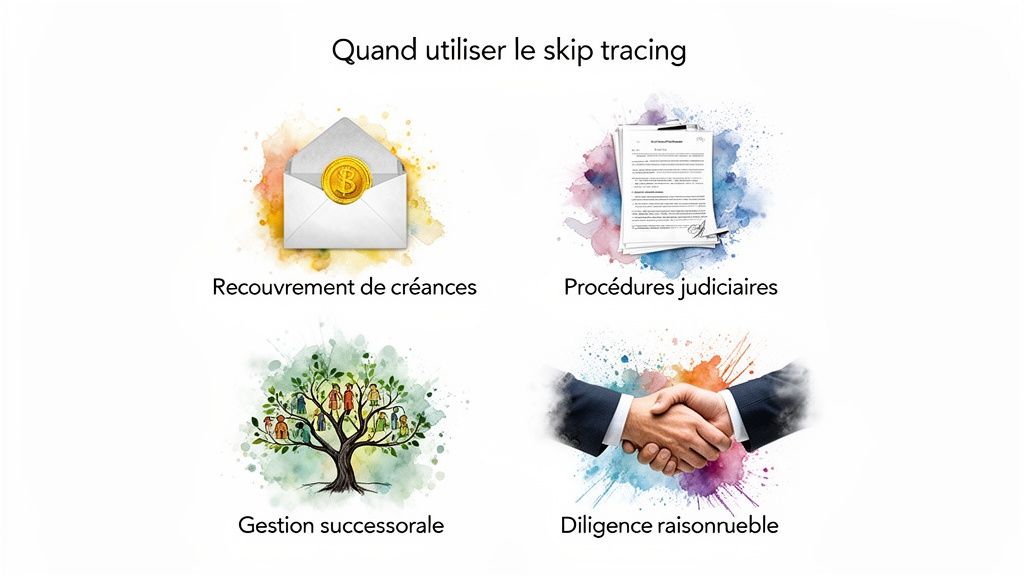 Ce graphique présente quatre utilisations du skip tracing: recouvrement de créances, procédures judiciaires, gestion successorale et diligence raisonnable.