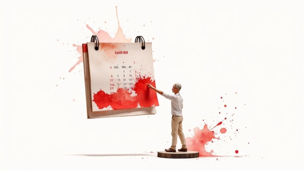 Un homme pointe un calendrier flottant avec des éclaboussures de peinture rouge, symbolisant une date importante ou une échéance.