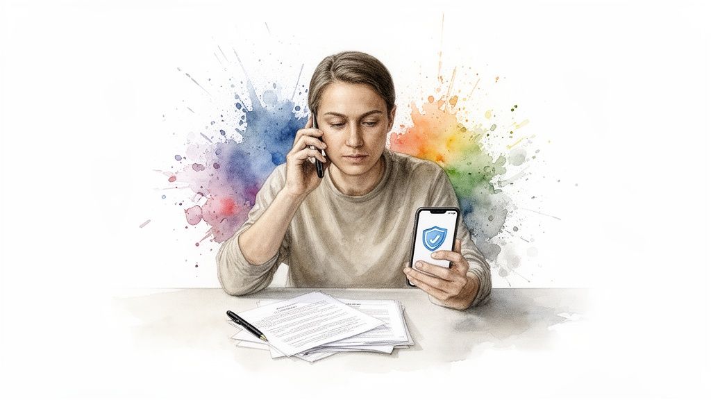 Une personne parle au téléphone, tient un smartphone sécurisé et examine des documents sur une table.