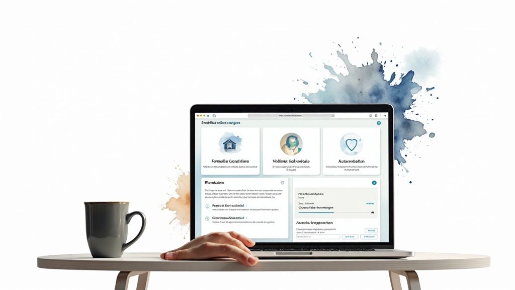 Un ordinateur portable affichant une application de gestion familiale, avec une main et une tasse de café sur une table.