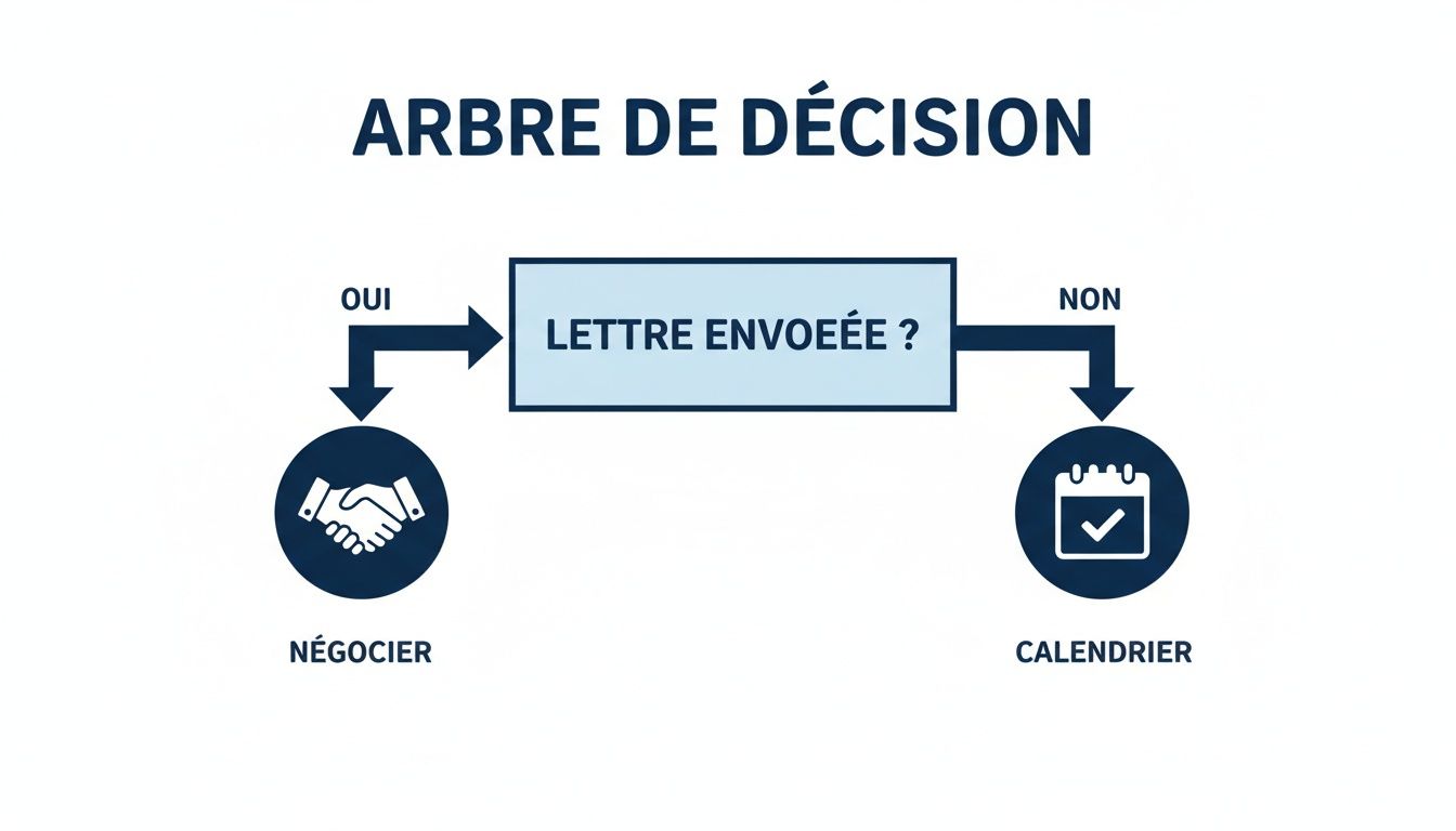 Arbre de décision illustrant le processus après l'envoi d'une lettre : négocier si envoyée, planifier sinon.