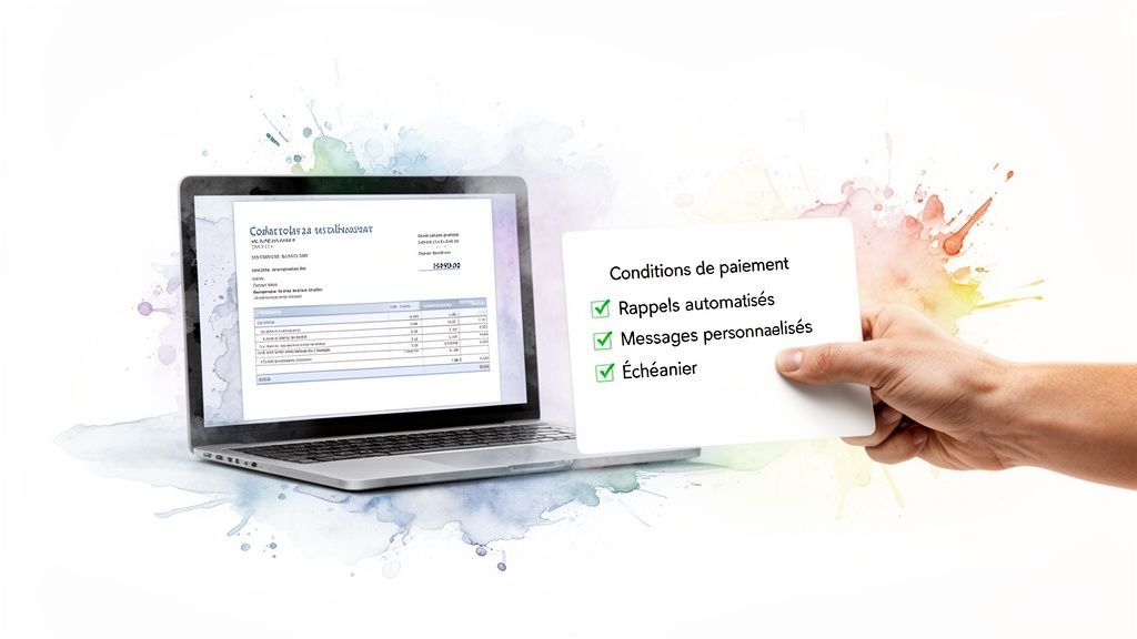 Un ordinateur portable avec un document de paiement et une carte affichant des conditions de paiement, des rappels automatisés et un échéancier.