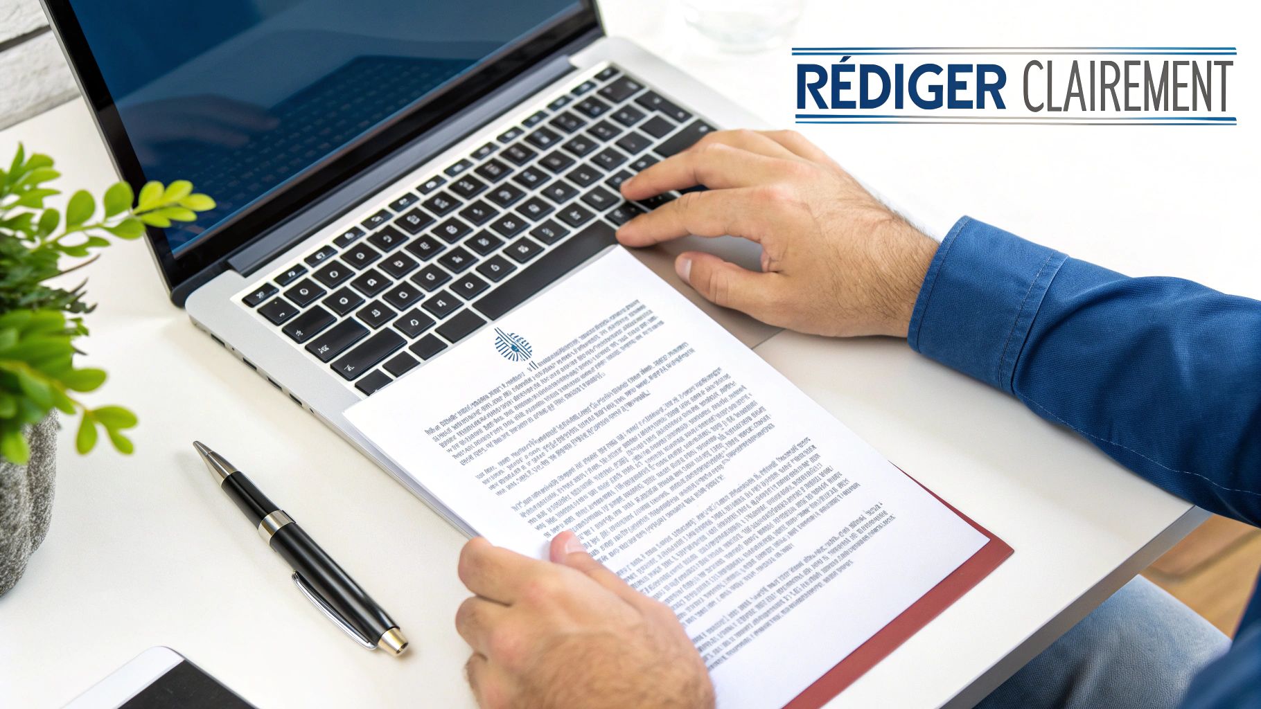 Personne écrivant une mise en demeure à un bureau bien rangé