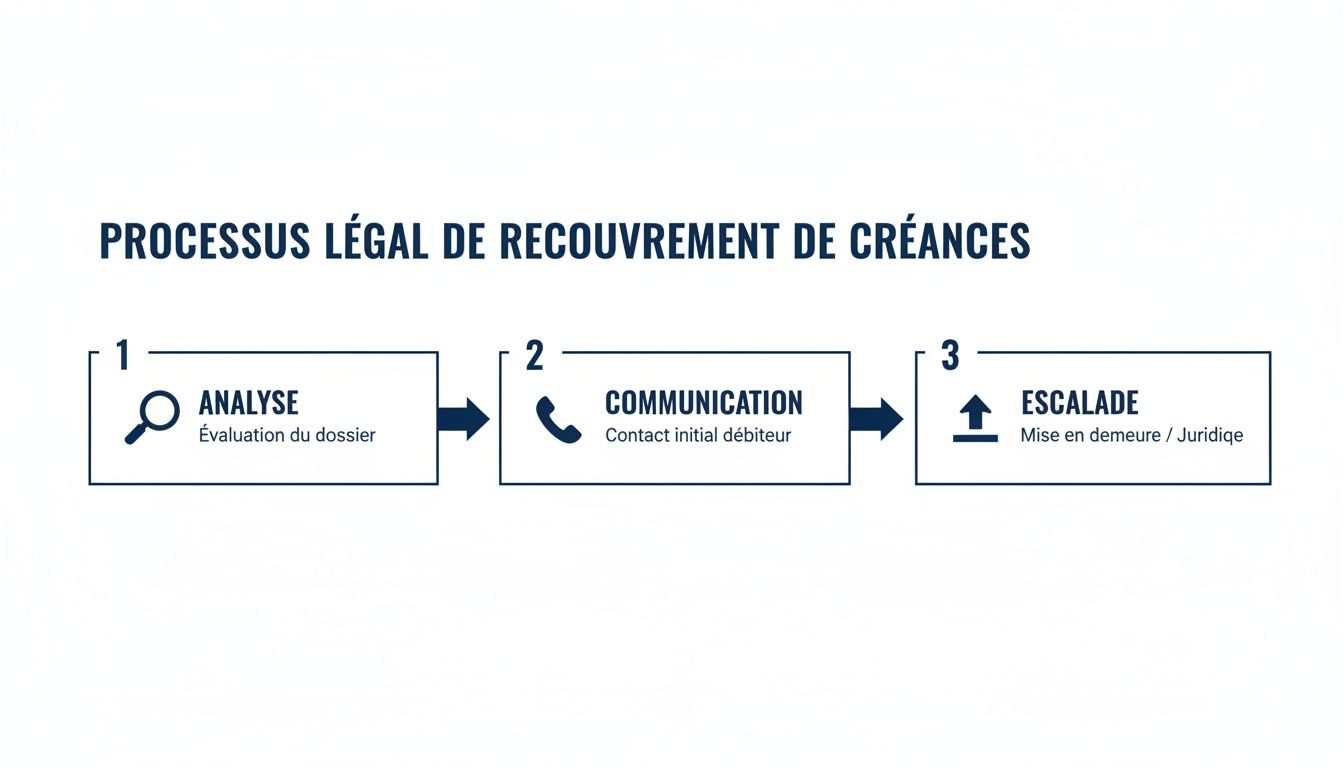 Infographie illustrant le processus légal de recouvrement de créances en 3 étapes : analyse, communication et escalade.
