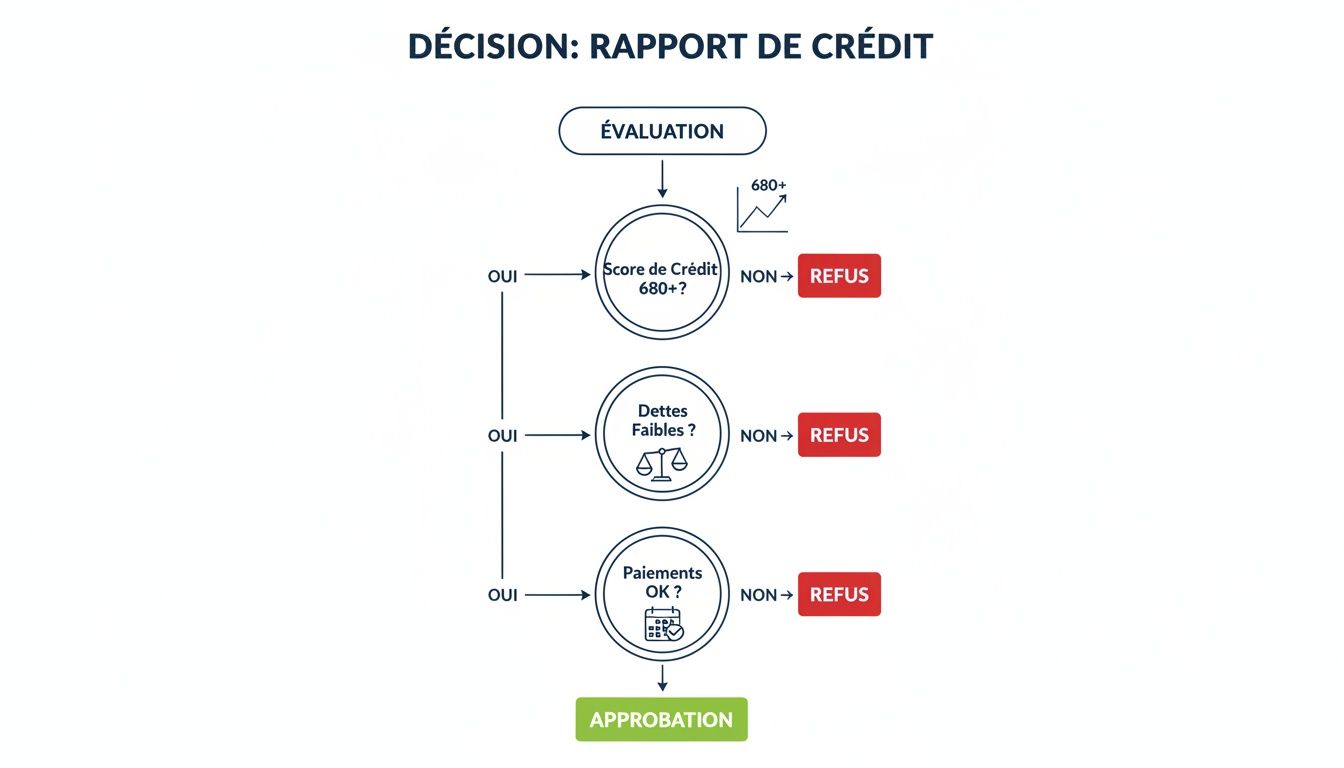 Diagramme de décision d'un rapport de crédit, montrant l'évaluation du score, des dettes et des paiements pour approbation.