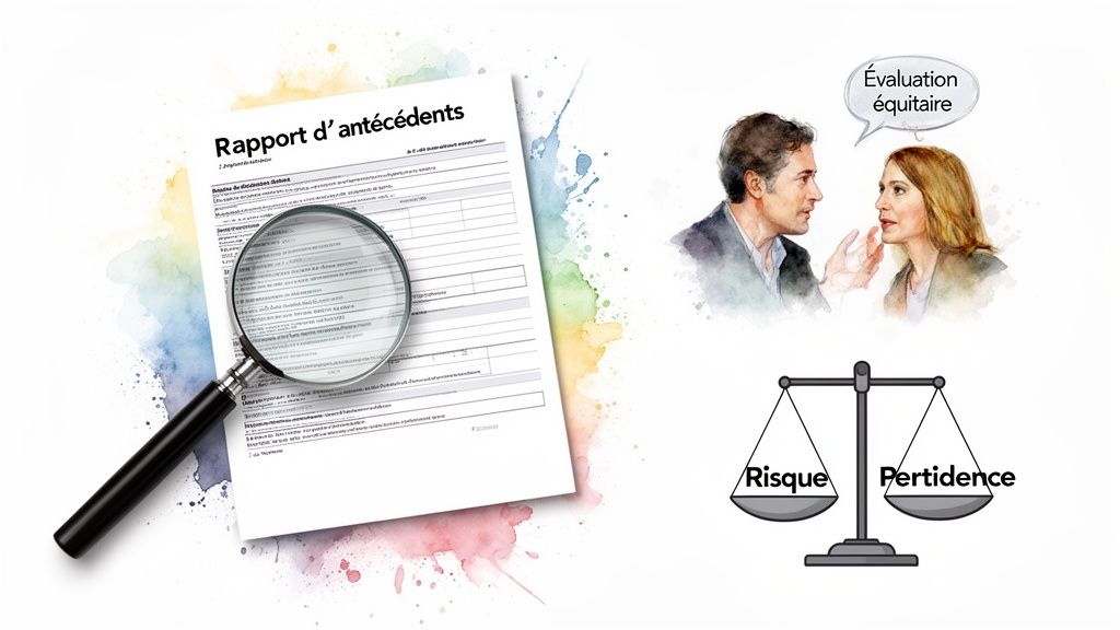 Rapport d'antécédents avec loupe, discussion sur l'évaluation équitable, et balance risque/pertinence.