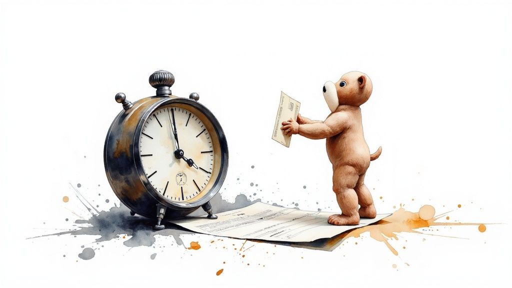 Un ours en peluche tient un document devant une horloge ancienne, symbolisant le temps et les formalités.