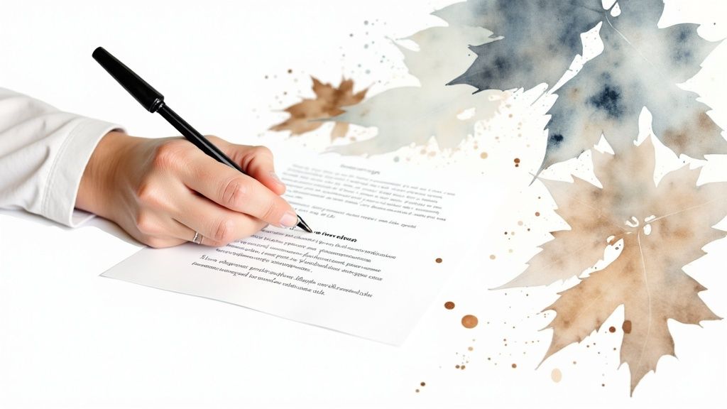 Main féminine écrivant sur une feuille de papier blanche avec un stylo noir, entourée de feuilles d'automne en aquarelle.