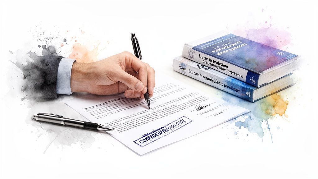 Main signant un document confidentiel avec des livres de loi sur la protection des renseignements personnels, illustrant le droit et la confidentialité.