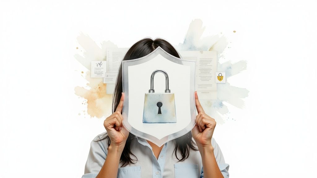 Une personne tient un bouclier avec un cadenas, symbolisant la protection des données et la sécurité des documents numériques.