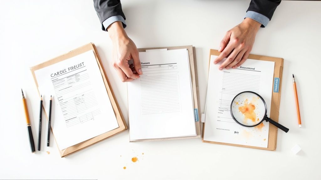 Vue de dessus d'une personne examinant des documents sur un bureau blanc, avec dossiers, stylos, et loupe tachée, évoquant une recherche.