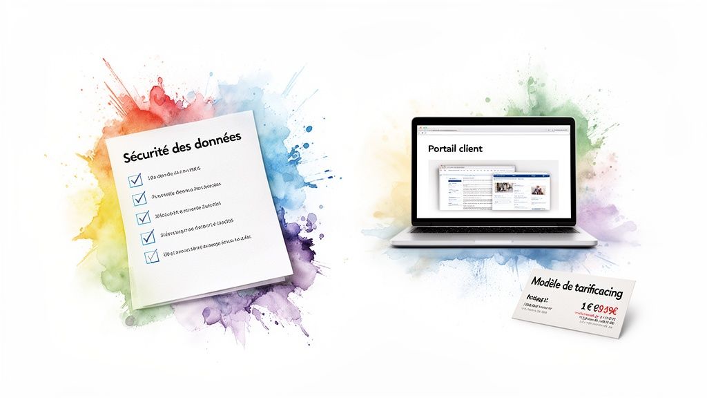Illustration des services: sécurité des données, portail client sur ordinateur portable et modèle de tarification.
