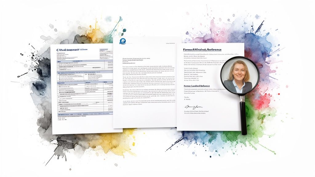 Plusieurs documents, dont une facture et des lettres de référence, avec une loupe sur une photo de femme, sur fond d'aquarelle.