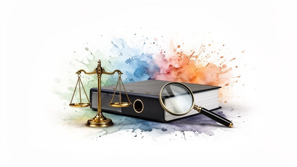 Balance de justice, classeur et loupe sur fond d'aquarelle colorée, symbolisant la loi et l'enquête.