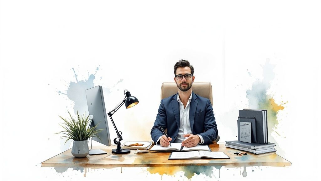 Homme d'affaires en costume et lunettes travaillant à un bureau avec ordinateur, plante et documents.
