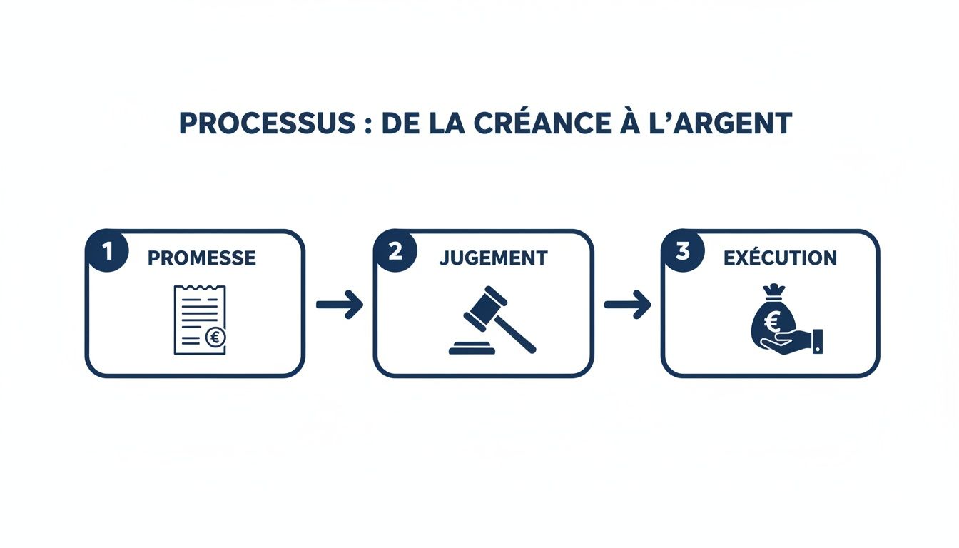 Processus en 3 étapes : de la promesse de créance au jugement, puis à l'exécution et l'obtention de l'argent.