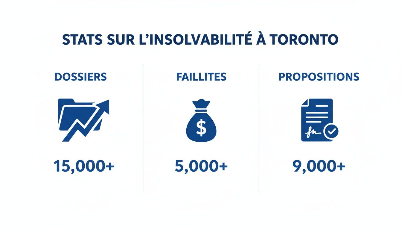 Statistiques d'insolvabilité à Toronto montrant plus de 15 000 dossiers, 5 000 faillites et 9 000 propositions.