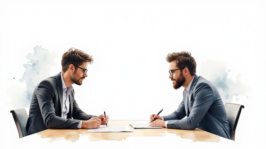 Professionnels discutant d'un dossier financier dans un bureau moderne