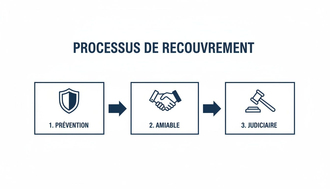 Diagramme montrant les trois étapes du processus de recouvrement : prévention, amiable et judiciaire.