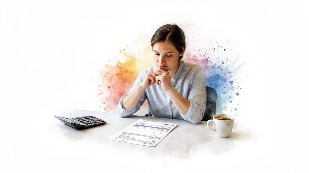 Une femme pensive examine des documents financiers sur un bureau, avec une calculatrice et une tasse de café, sur fond artistique.
