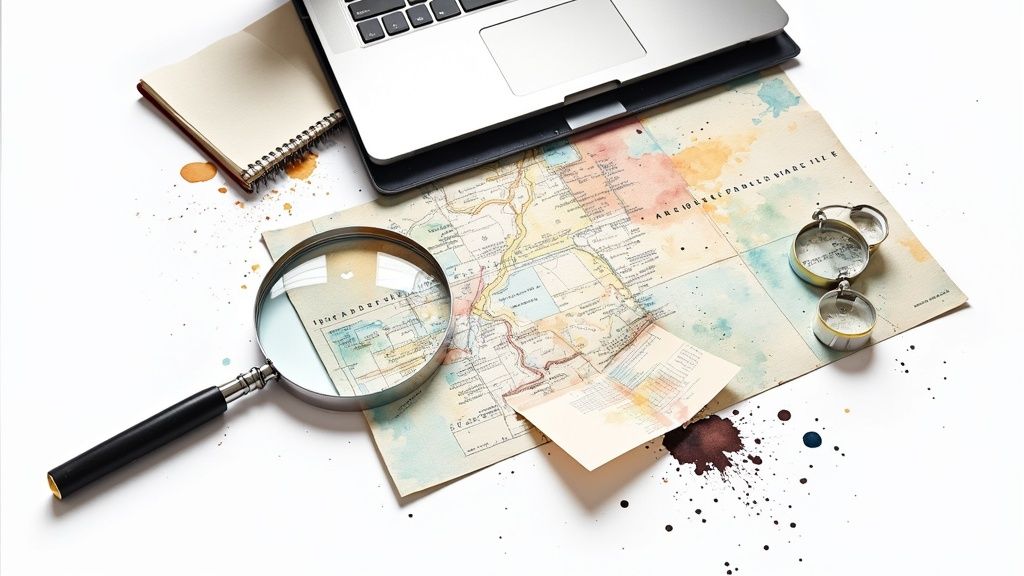 Bureau d'enquêteur avec carte, loupe, ordinateur portable et outils de recherche professionnels