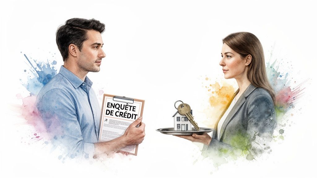 Un homme présente un formulaire d'enquête de crédit à une femme qui tient une maison et une clé.