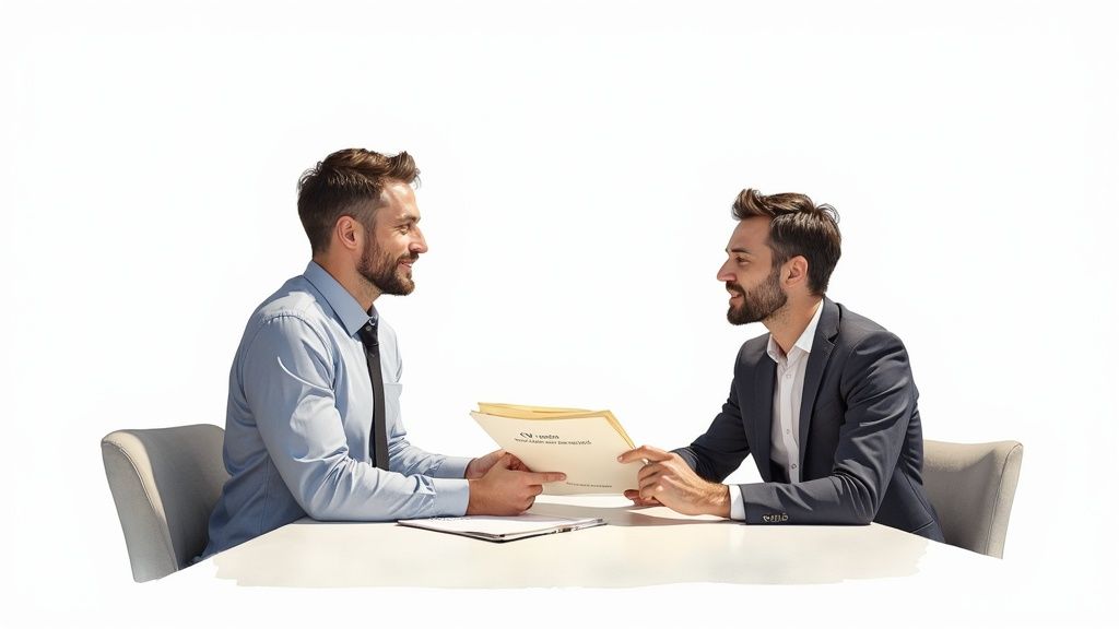 Deux hommes d'affaires souriants échangent des documents lors d'une réunion professionnelle.