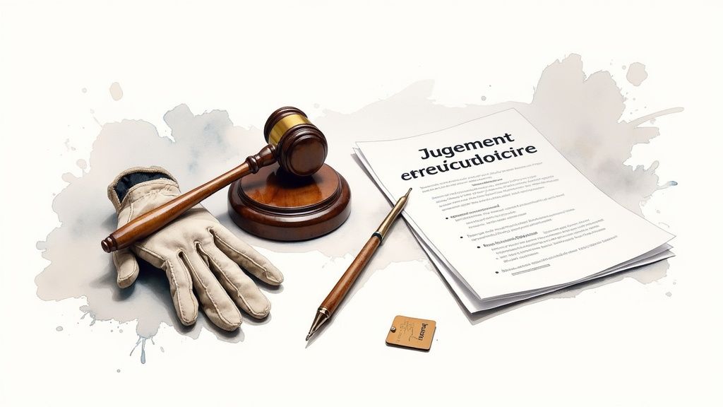 Un marteau de juge, un gant et un document juridique avec le titre "Jugement" sur un fond artistique. Symboles de justice.