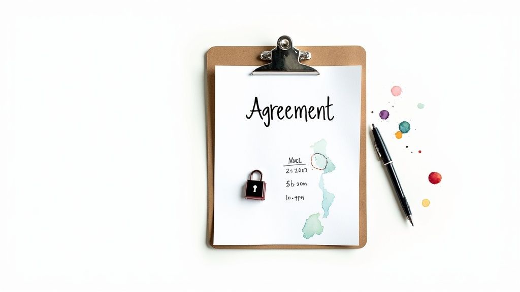 Presse-papiers avec un document d'accord manuscrit, un cadenas, des notes et un stylo sur fond blanc.