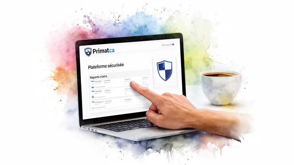Une main interagit avec un ordinateur portable affichant la plateforme sécurisée Primat.ca et des rapports clairs, avec une tasse de café et des éclaboussures d'aquarelle en arrière-plan.