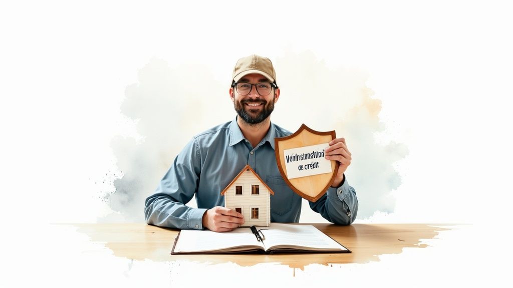 Un homme souriant tenant une petite maison et un bouclier affichant "vérification de crédit", devant un contrat.