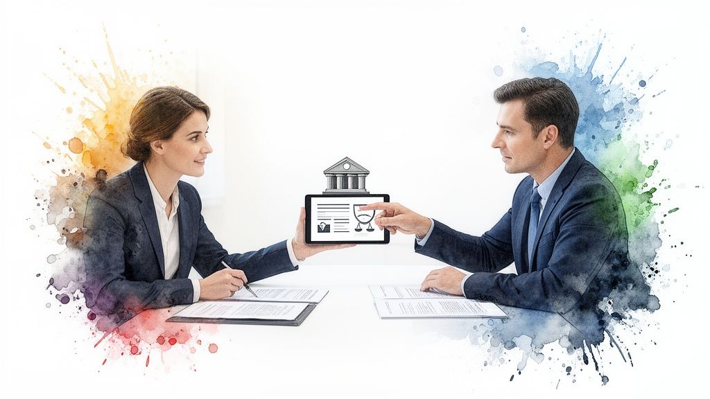 Deux professionnels discutent de questions légales et financières, illustrées par une tablette affichant la justice.