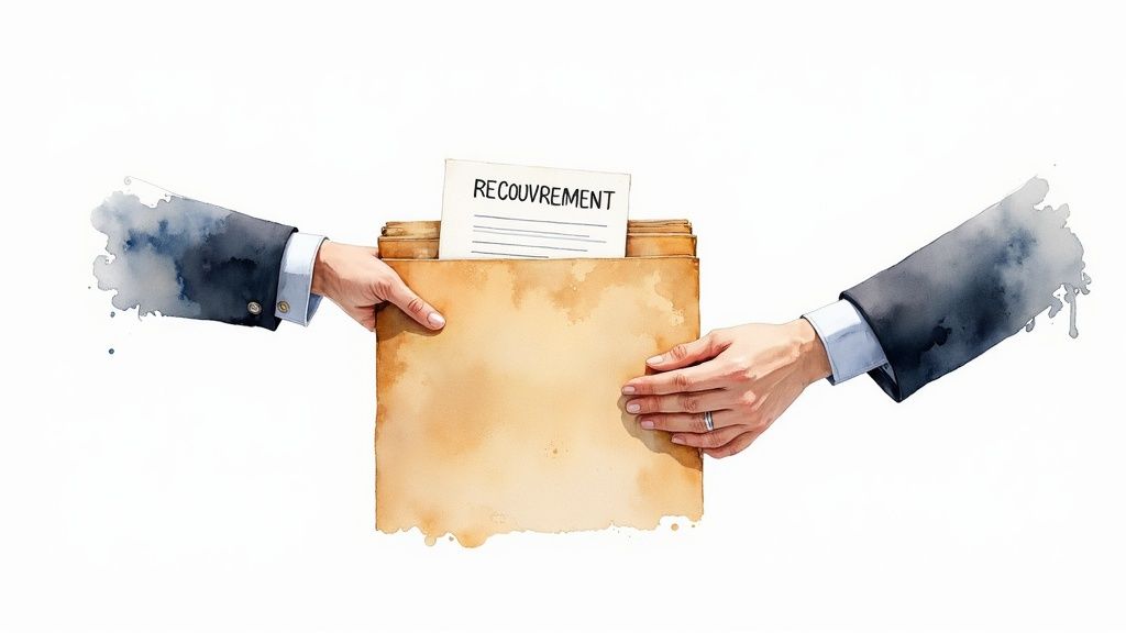 Deux mains se passent un dossier de recouvrement de dettes, illustration à l'aquarelle.