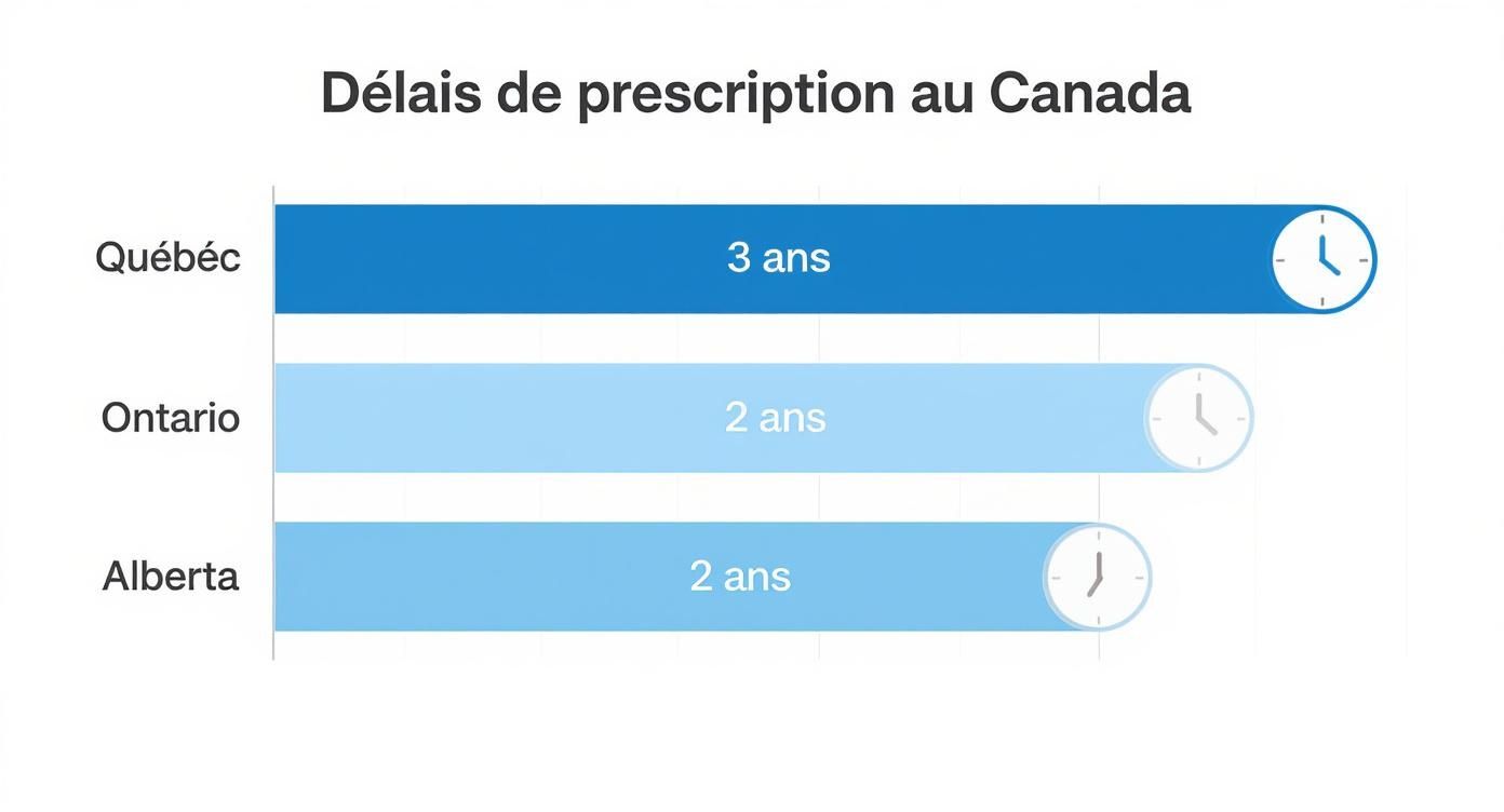 Un graphique à barres compare les délais de prescription au Canada: 3 ans pour le Québec, 2 ans pour l'Ontario et l'Alberta.