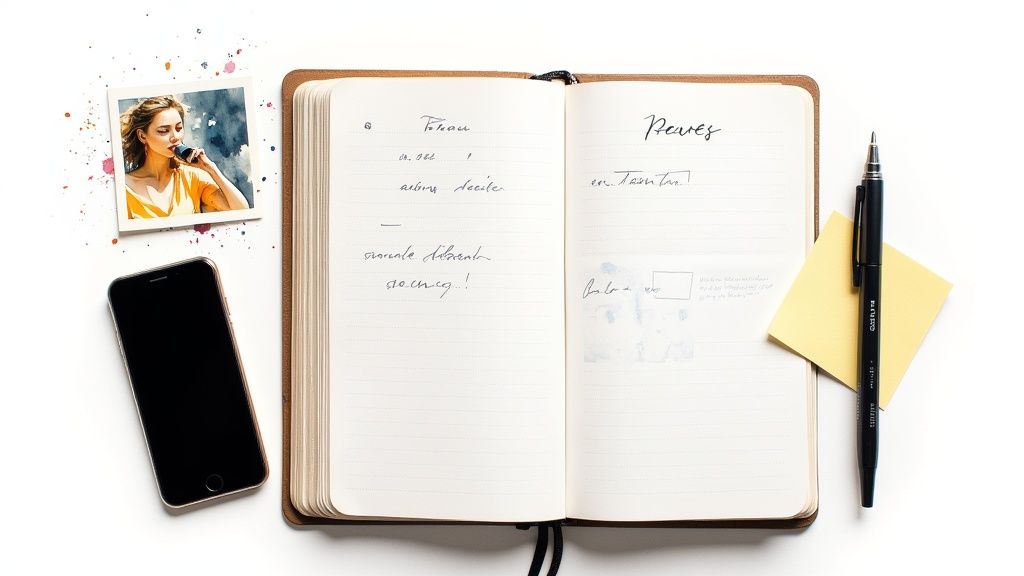 Une personne prend des notes détaillées dans un carnet, avec des factures et un téléphone à proximité.