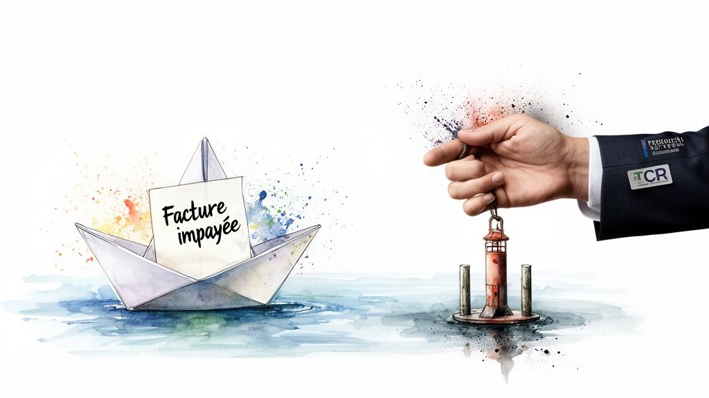 Un bateau en papier portant une facture impayée et une main avec un phare TCR, illustrant le recouvrement.