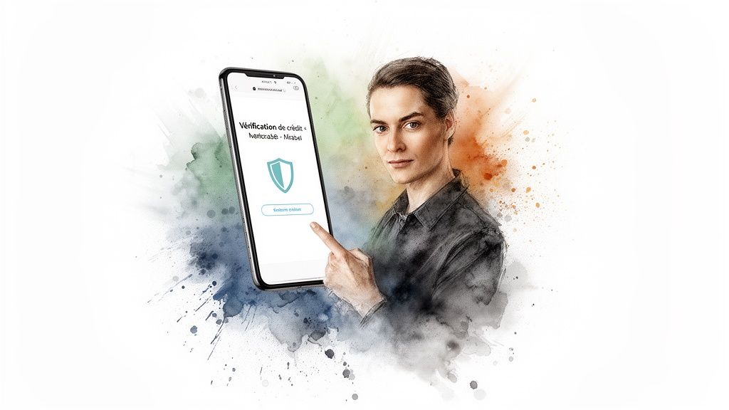Personne tapant sur un smartphone affichant une vérification de crédit avec un bouclier de sécurité.
