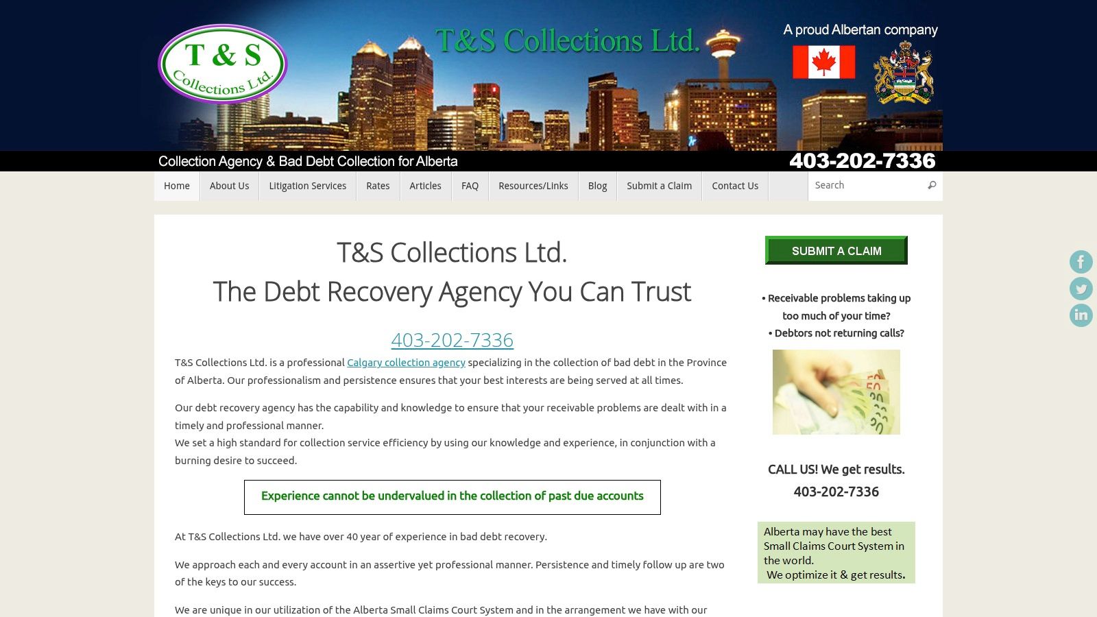 Une capture d'écran du site web de T&S Collections Ltd., une des agences de recouvrement à Calgary spécialisée dans les petites créances.