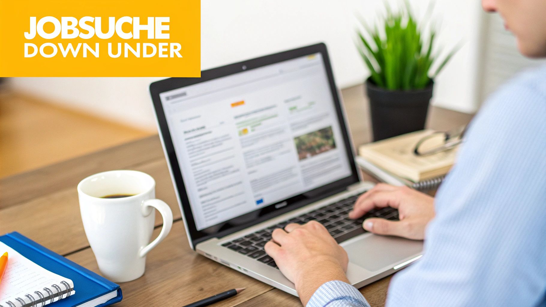 Zwei Personen sitzen an einem Tisch und besprechen Bewerbungsunterlagen mit Blick auf eine australische Stadt