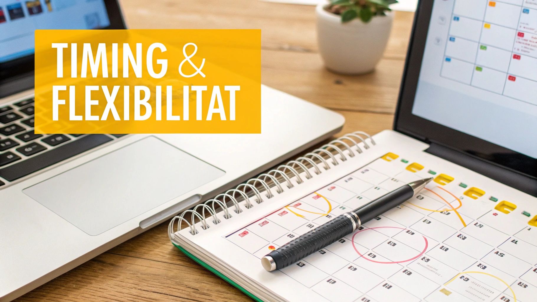 Ein Sonnenuntergang, von einem Flugzeugfenster aus gesehen, der die Idee des Timings symbolisiert.