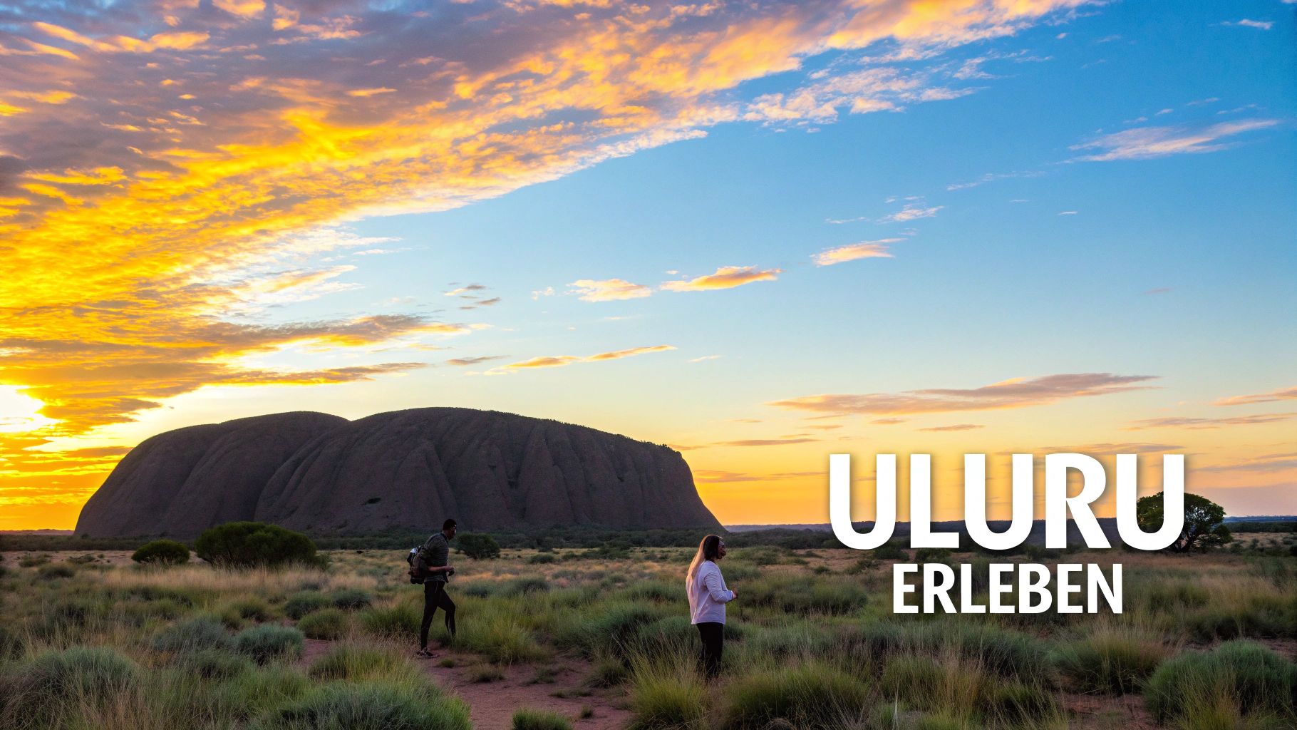 Ein Panoramablick auf den Uluru bei Sonnenuntergang, der den Felsen in tiefen Rottönen erstrahlen lässt.
