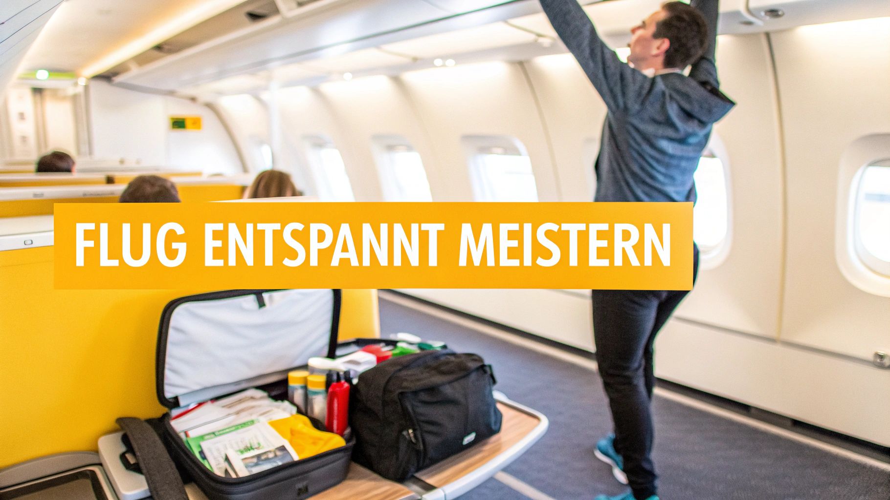 Eine Person schaut entspannt aus dem Flugzeugfenster auf die Wolken und einen Sonnenuntergrund.