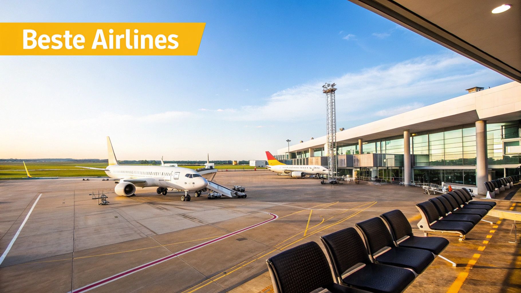 Passagiere gehen durch einen modernen, hellen Flughafen-Terminal mit einem Flugzeug im Hintergrund.